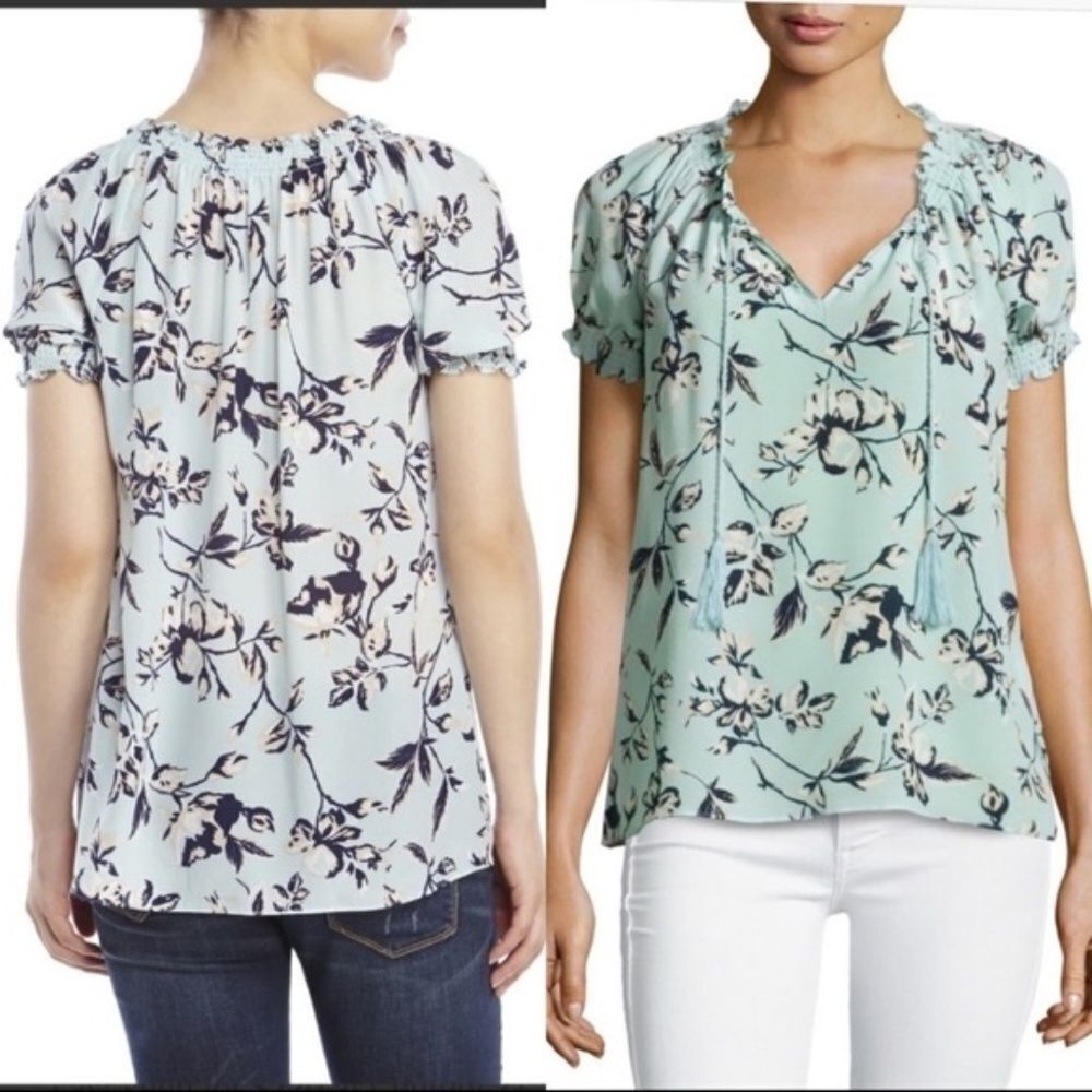 Joie‎ Masha Mint Green Floral Silk Peasant Blouse Short Sleeve Sz S